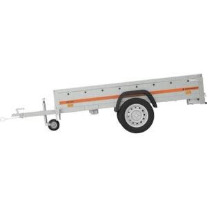 Remorque simple essieu 236 x 125 cm – PTAC 499 kg – Châssis acier galvanisé – Ridelle arrière ouvrante – Pas de carte grise – Tema